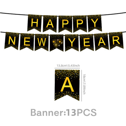 2027 Black Gold Happy New Year Party Set, Banner, Paper Plates, Paper Cups, Tablecloth & Disposable Tableware