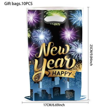 2027 Black Gold Happy New Year Party Set, Banner, Paper Plates, Paper Cups, Tablecloth & Disposable Tableware