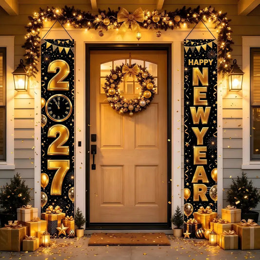 2027 New Year Hanging Couplets  – Gold Foil Party Hanging Scrolls for NYE Celebration, Home & Event Decoration