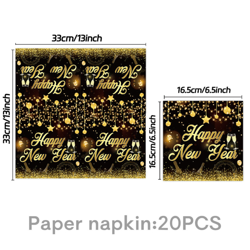 2027 Black Gold Happy New Year Party Set, Banner, Paper Plates, Paper Cups, Tablecloth & Disposable Tableware