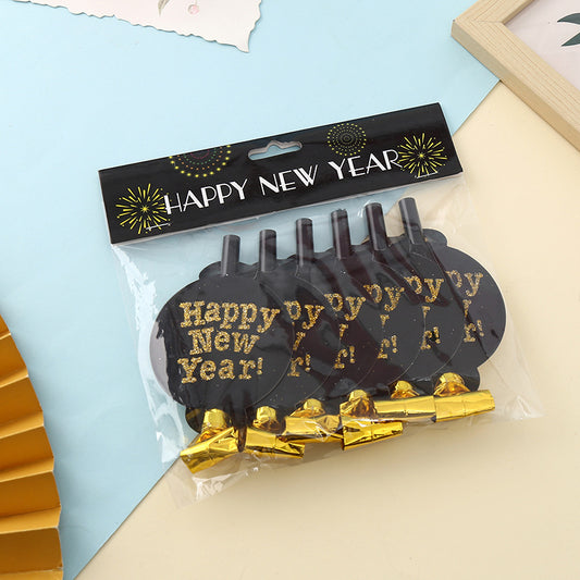 New Year Party Blowouts, Gold Glitter UV Print Plastic Whistles, Kids Party Favors & Paper Blowout Decorations