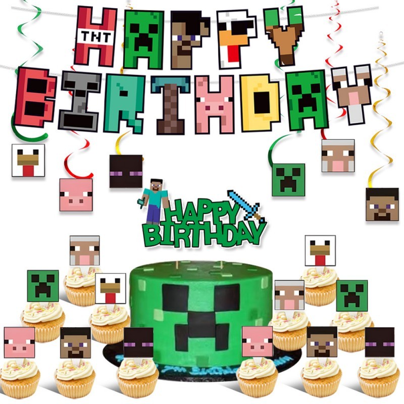 Pixel Square Birthday Party Set – Disposable Tableware & Banner for Kids Minecraft Themed Celebration, Cartoon Block Decor Supplies