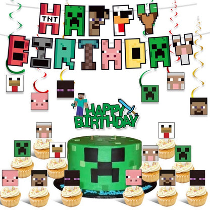 Pixel Square Birthday Party Set – Disposable Tableware & Banner for Kids Minecraft Themed Celebration, Cartoon Block Decor Supplies