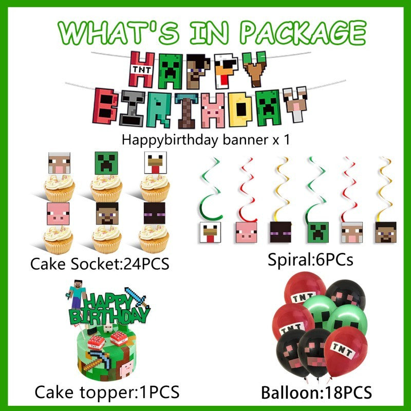 Pixel Square Birthday Party Set – Disposable Tableware & Banner for Kids Minecraft Themed Celebration, Cartoon Block Decor Supplies