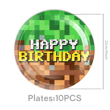 Pixel Square Birthday Party Set – Disposable Tableware & Banner for Kids Minecraft Themed Celebration, Cartoon Block Decor Supplies