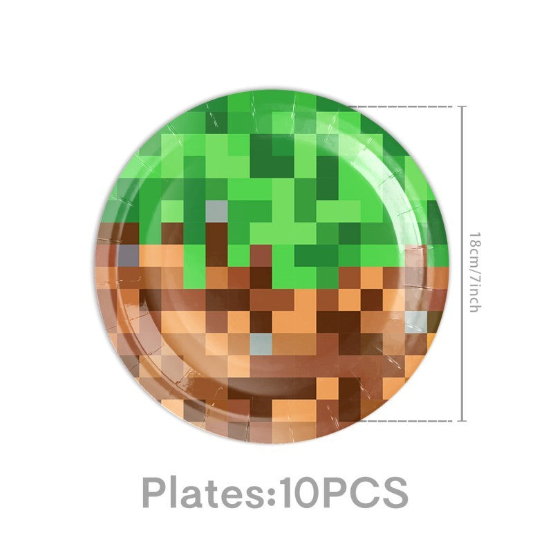 Pixel Square Birthday Party Set – Disposable Tableware & Banner for Kids Minecraft Themed Celebration, Cartoon Block Decor Supplies