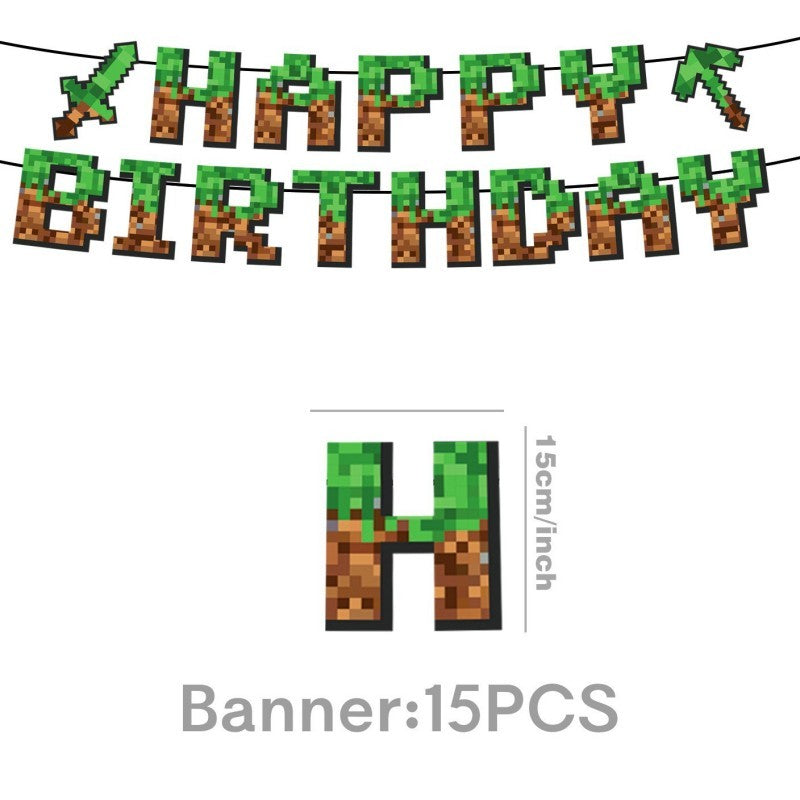 Pixel Square Birthday Party Set – Disposable Tableware & Banner for Kids Minecraft Themed Celebration, Cartoon Block Decor Supplies