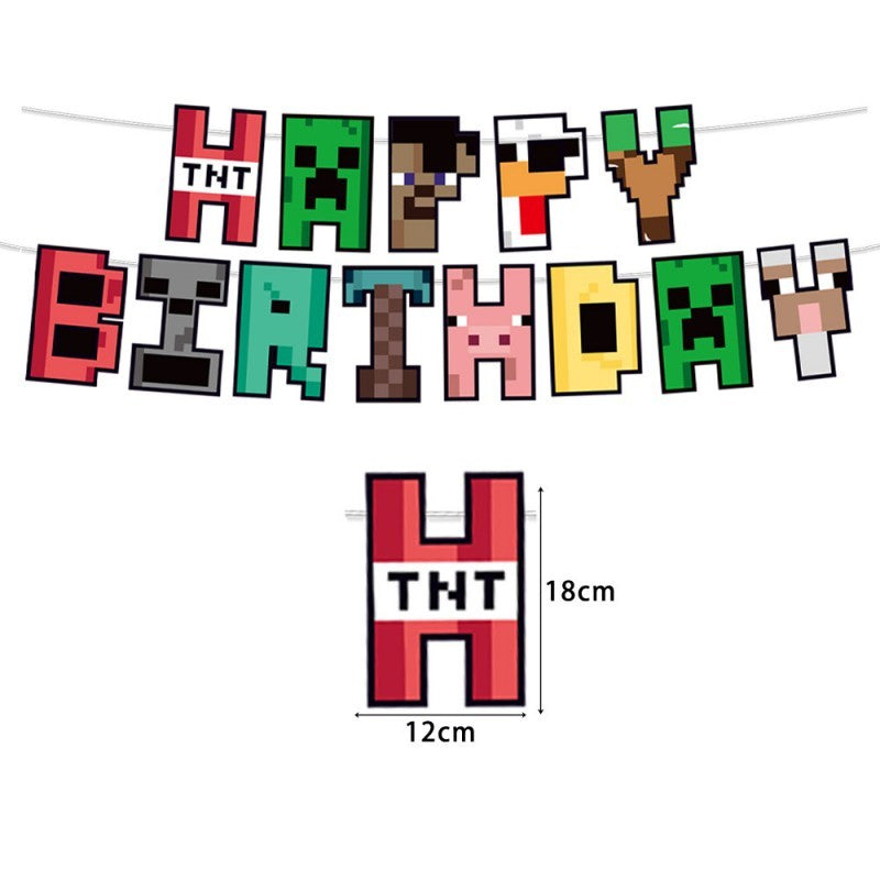 Pixel Square Birthday Party Set – Disposable Tableware & Banner for Kids Minecraft Themed Celebration, Cartoon Block Decor Supplies