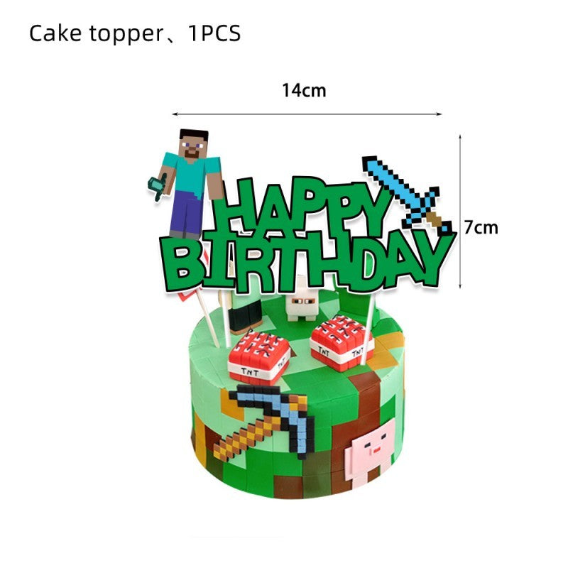 Pixel Square Birthday Party Set – Disposable Tableware & Banner for Kids Minecraft Themed Celebration, Cartoon Block Decor Supplies