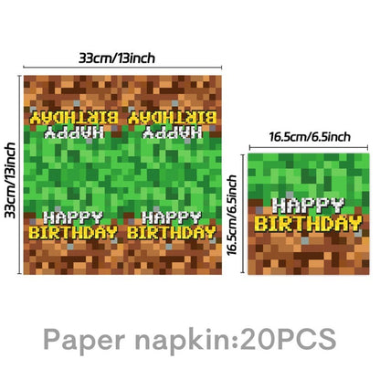 Pixel Square Birthday Party Set – Disposable Tableware & Banner for Kids Minecraft Themed Celebration, Cartoon Block Decor Supplies
