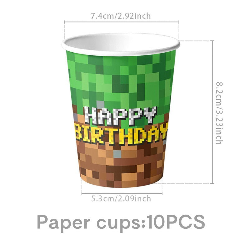 Pixel Square Birthday Party Set – Disposable Tableware & Banner for Kids Minecraft Themed Celebration, Cartoon Block Decor Supplies