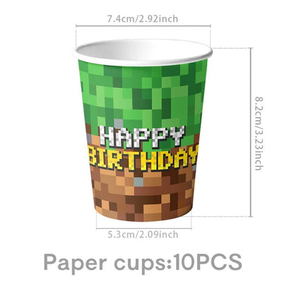 Pixel Square Birthday Party Set – Disposable Tableware & Banner for Kids Minecraft Themed Celebration, Cartoon Block Decor Supplies