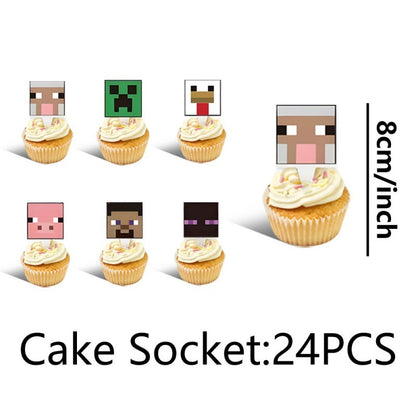 Pixel Square Birthday Party Set – Disposable Tableware & Banner for Kids Minecraft Themed Celebration, Cartoon Block Decor Supplies