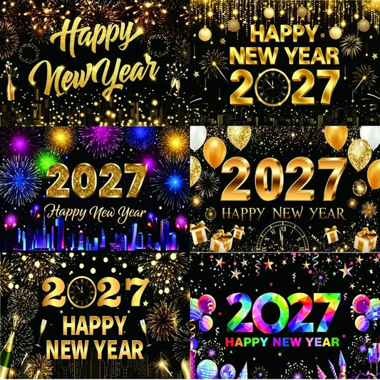 New Year Backdrop Banner, Happy New Year Photo Booth Hanging Wall Decor for NYE Party