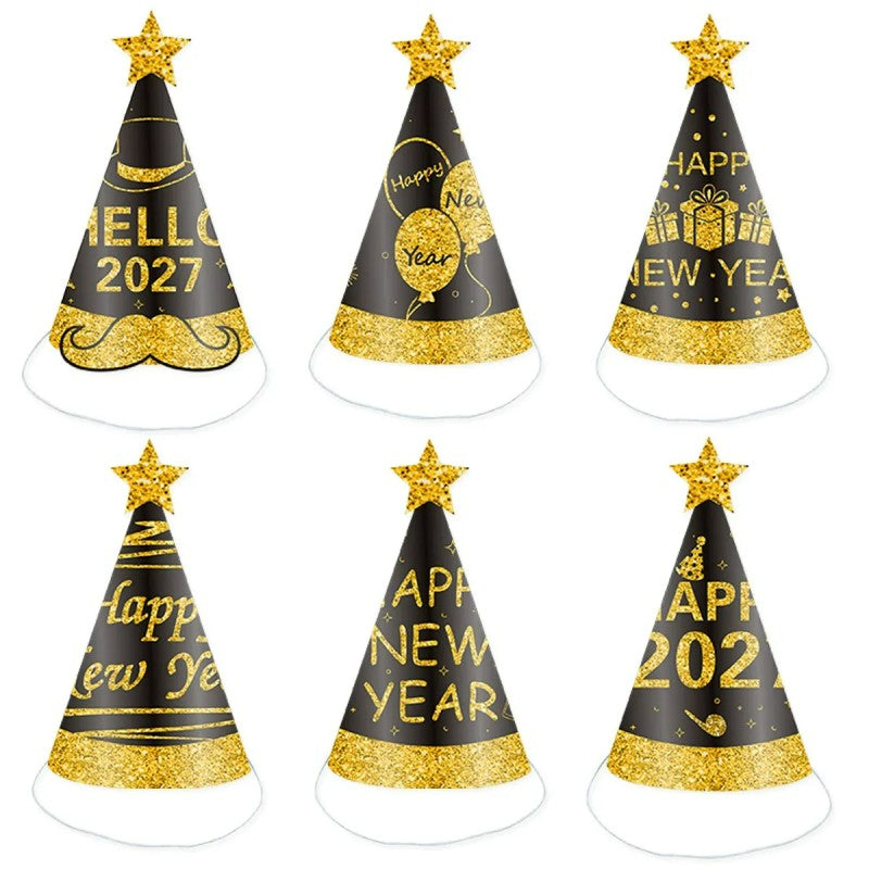 2027 Black & Gold New Year Party Kit – Kids Paper Hats, Foil Balloons & Fireworks Decor, Wholesale Bulk for NYE Celebration