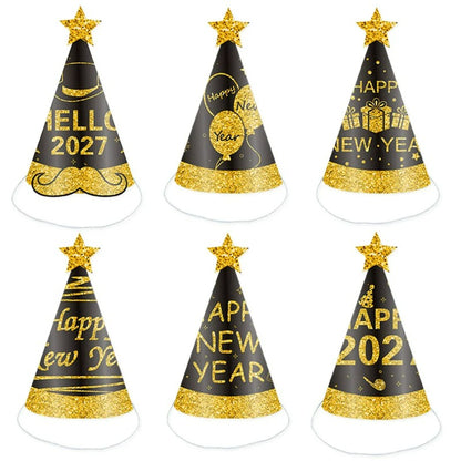 2027 Black & Gold New Year Party Kit – Kids Paper Hats, Foil Balloons & Fireworks Decor, Wholesale Bulk for NYE Celebration