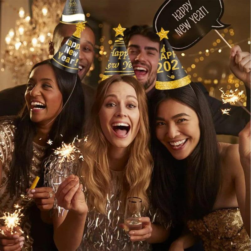 2027 Black & Gold New Year Party Kit – Kids Paper Hats, Foil Balloons & Fireworks Decor, Wholesale Bulk for NYE Celebration
