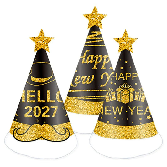 2027 Black & Gold New Year Party Kit – Kids Paper Hats, Foil Balloons & Fireworks Decor, Wholesale Bulk for NYE Celebration