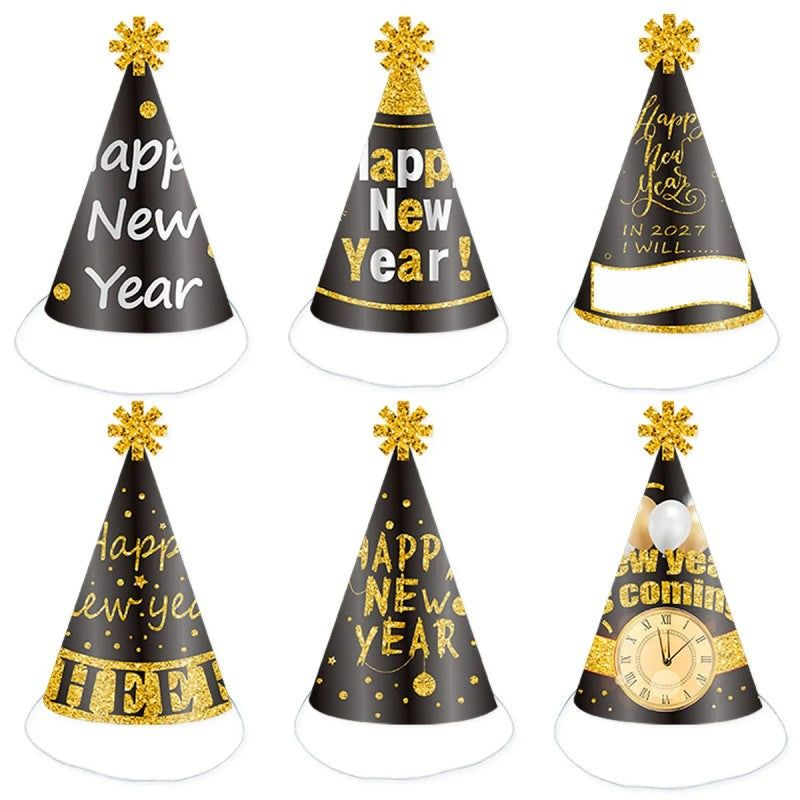 2027 Black & Gold New Year Party Kit – Kids Paper Hats, Foil Balloons & Fireworks Decor, Wholesale Bulk for NYE Celebration
