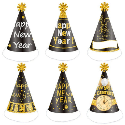 2027 Black & Gold New Year Party Kit – Kids Paper Hats, Foil Balloons & Fireworks Decor, Wholesale Bulk for NYE Celebration