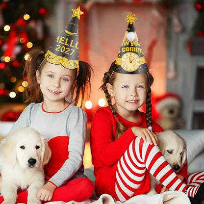 2027 Black & Gold New Year Party Kit – Kids Paper Hats, Foil Balloons & Fireworks Decor, Wholesale Bulk for NYE Celebration