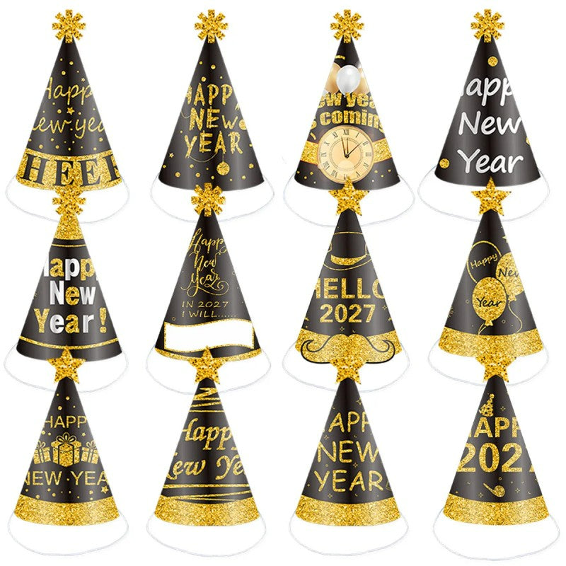 2027 Black & Gold New Year Party Kit – Kids Paper Hats, Foil Balloons & Fireworks Decor, Wholesale Bulk for NYE Celebration