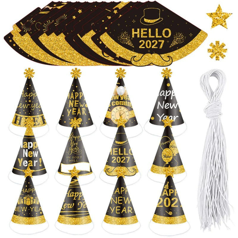 2027 Black & Gold New Year Party Kit – Kids Paper Hats, Foil Balloons & Fireworks Decor, Wholesale Bulk for NYE Celebration