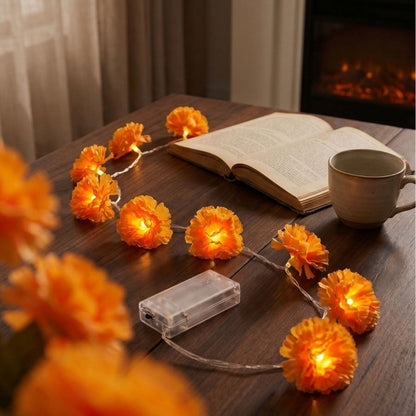 LED Orange Marigold String Lights | Halloween Decoration | 1.5m 10 Lights Battery Operated (Steady On, Warm Orange)