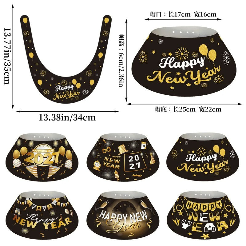 Black & Gold New Year Party Hats – 6 Pack Paper Cone Hats for NYE Celebration, Festive Headwear for 2027 Countdown, Bulk Custom Available