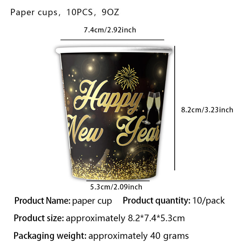 2027 Black Gold Happy New Year Party Set, Banner, Paper Plates, Paper Cups, Tablecloth & Disposable Tableware
