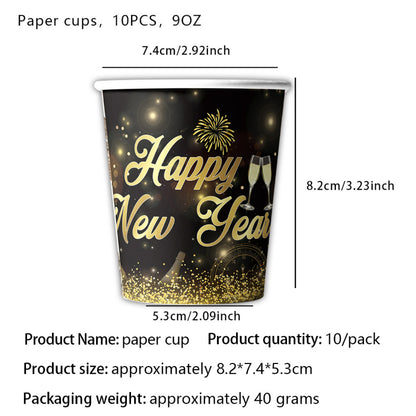 2027 Black Gold Happy New Year Party Set, Banner, Paper Plates, Paper Cups, Tablecloth & Disposable Tableware