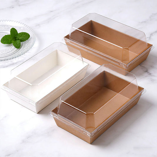 Paper sushi and sandwich box rectangular kraft and white containers with clear lids
