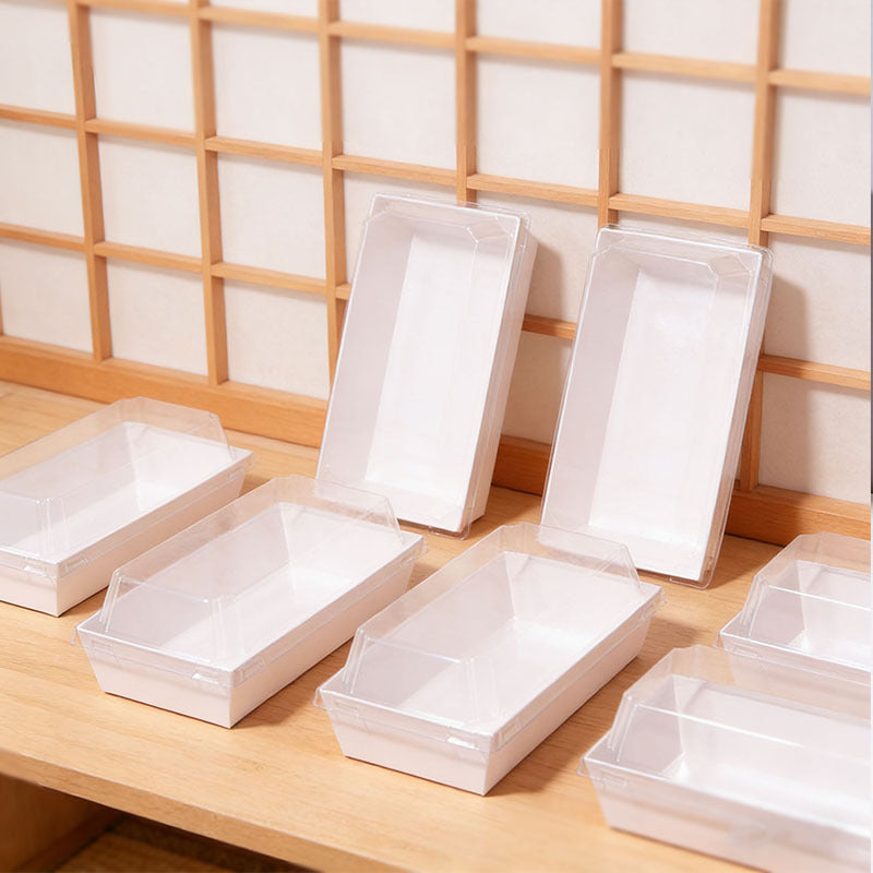 Paper sushi and sandwich box white rectangular containers in multi-pack row display