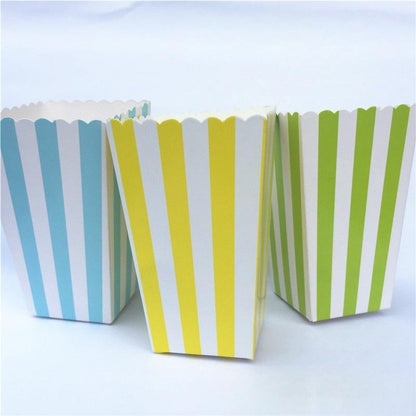 Paper popcorn boxes in striped pattern, blue, yellow and green