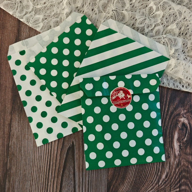 Kraft paper favor bag dark green polka dot and diagonal stripe patterns