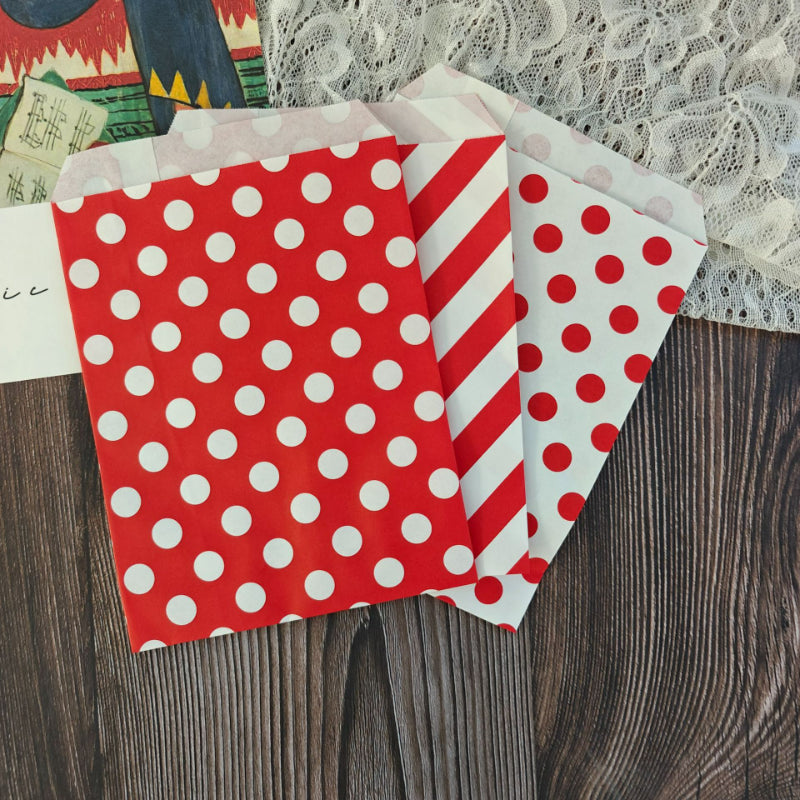 Kraft paper favor bag red polka dot and diagonal stripe patterns