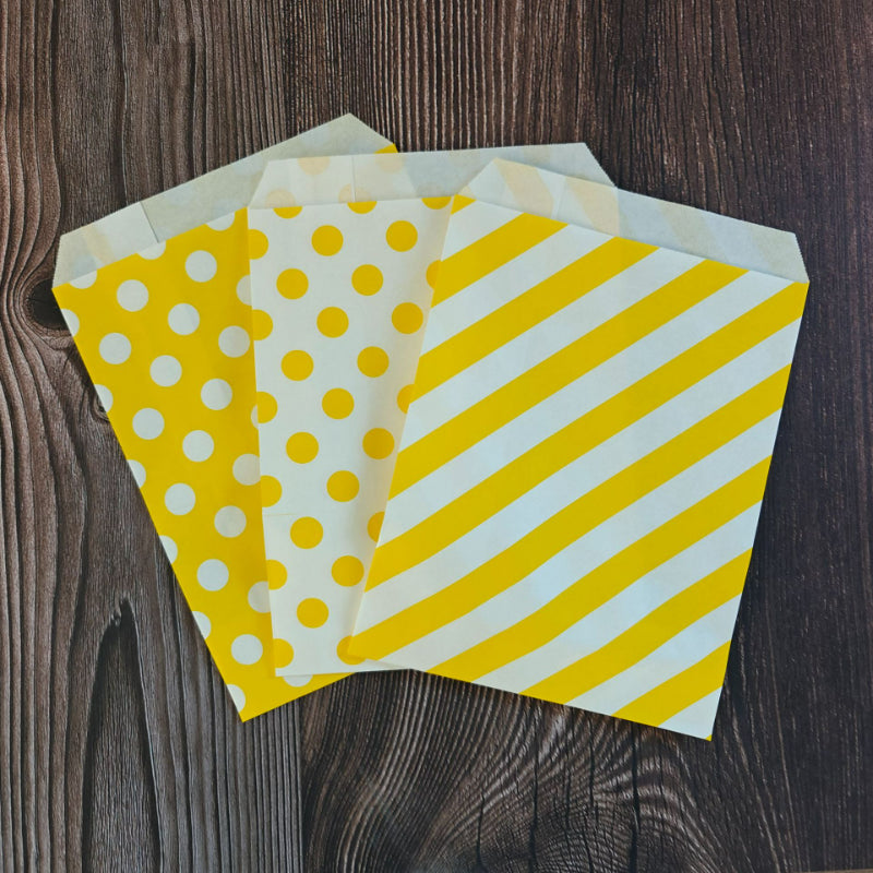 Kraft paper favor bag yellow polka dot and diagonal stripe patterns