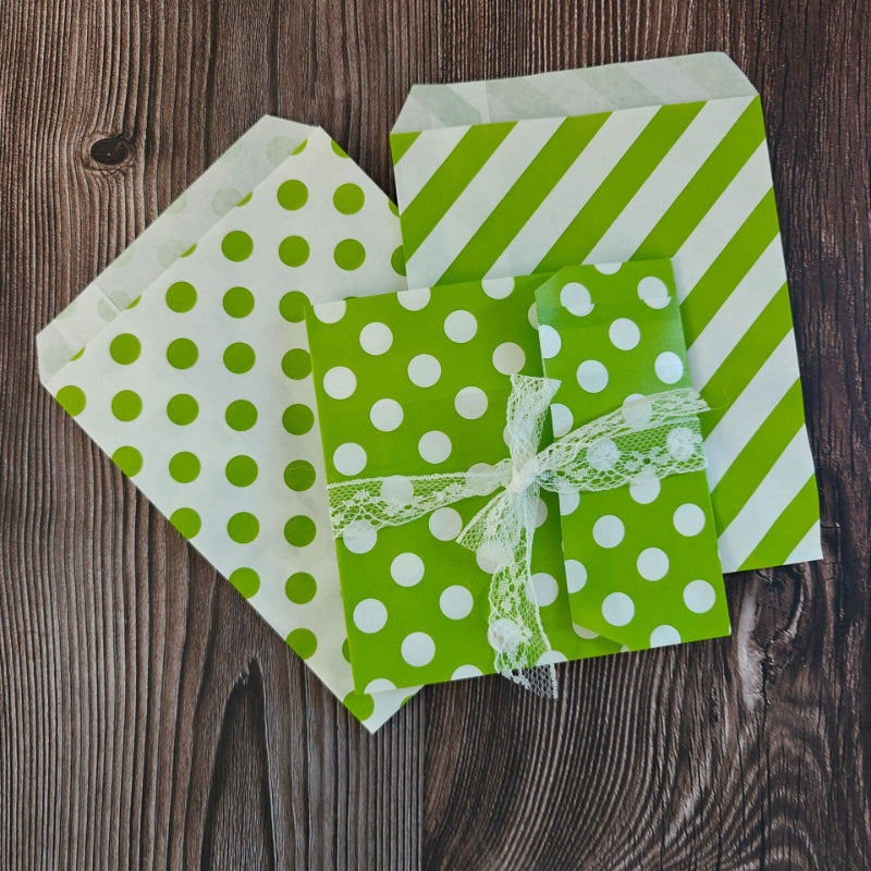 Kraft paper favor bag green polka dot and diagonal stripe patterns