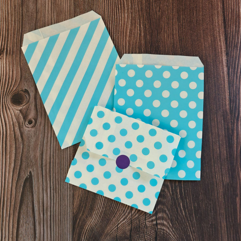 Kraft paper favor bag blue chevron and polka dot patterns