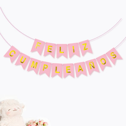 Spanish Happy Birthday Banner – Foil Stamped Fish Tail Pennant Garland, Gold Lettering Party Bunting for Spanish Celebration Decor
