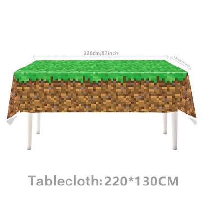 Pixel Square Birthday Party Set – Disposable Tableware & Banner for Kids Minecraft Themed Celebration, Cartoon Block Decor Supplies
