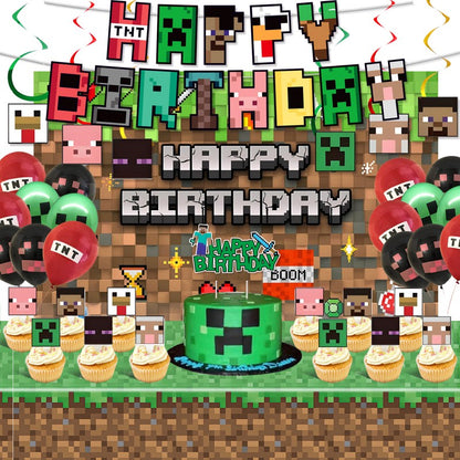 Pixel Square Birthday Party Set – Disposable Tableware & Banner for Kids Minecraft Themed Celebration, Cartoon Block Decor Supplies