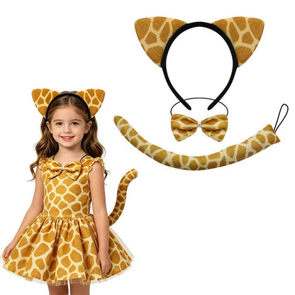 Yellow spotted animal ears headband bowtie and tail set