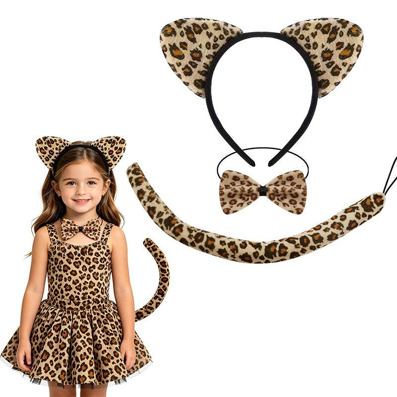 Classic leopard animal ears headband bowtie and tail set