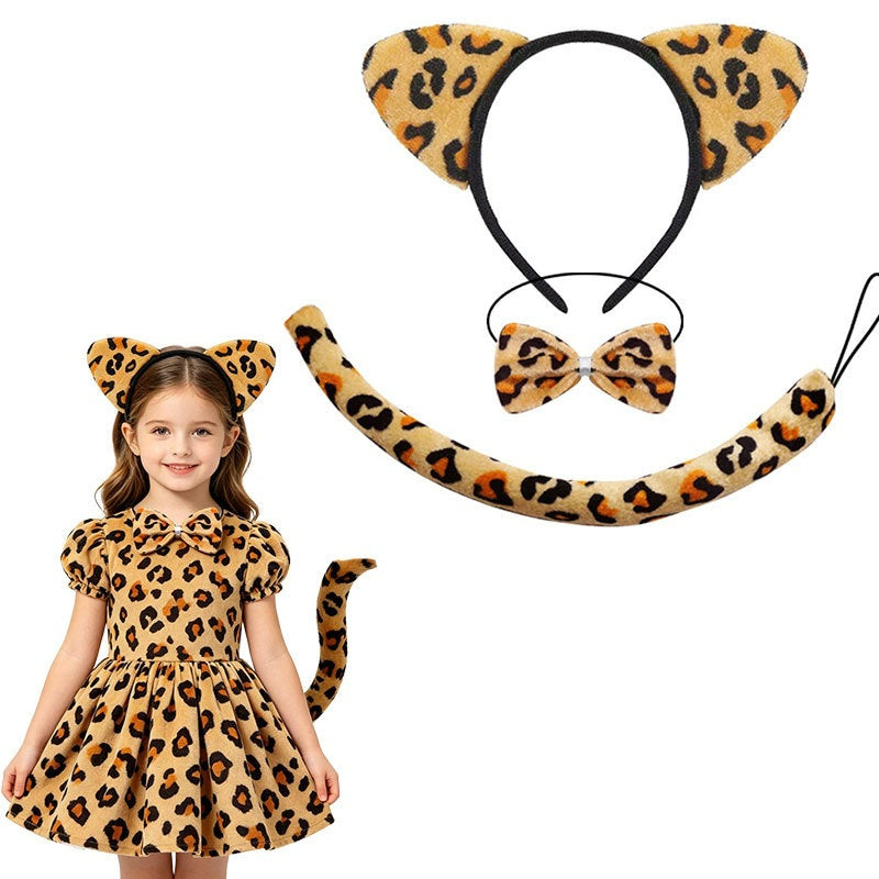 Yellow leopard animal ears headband bowtie and tail set