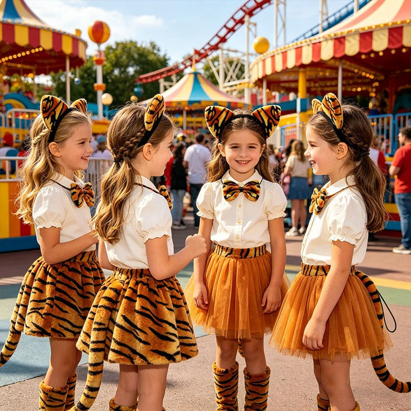 Children wearing animal ears headbands and tails at theme park