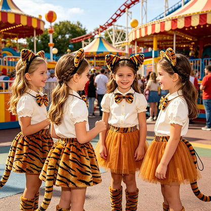Children wearing animal ears headbands and tails at theme park