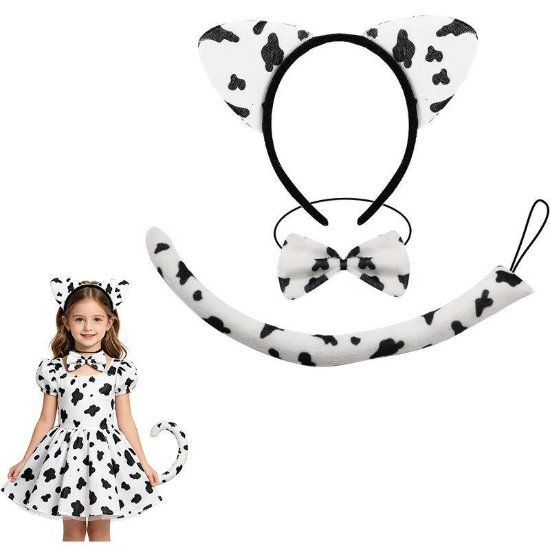 White cow animal ears headband bowtie and plush tail set