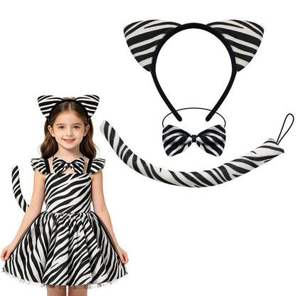 White zebra stripe headband bowtie and tail costume set
