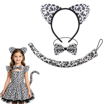 White leopard print animal ears headband bowtie tail set